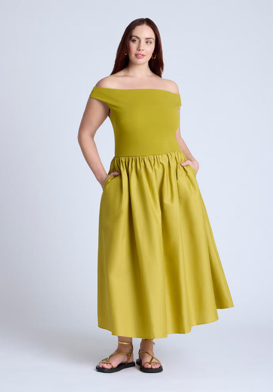 ELOQUII Boat Neck Mixed Fabric Dress - Chartreuse