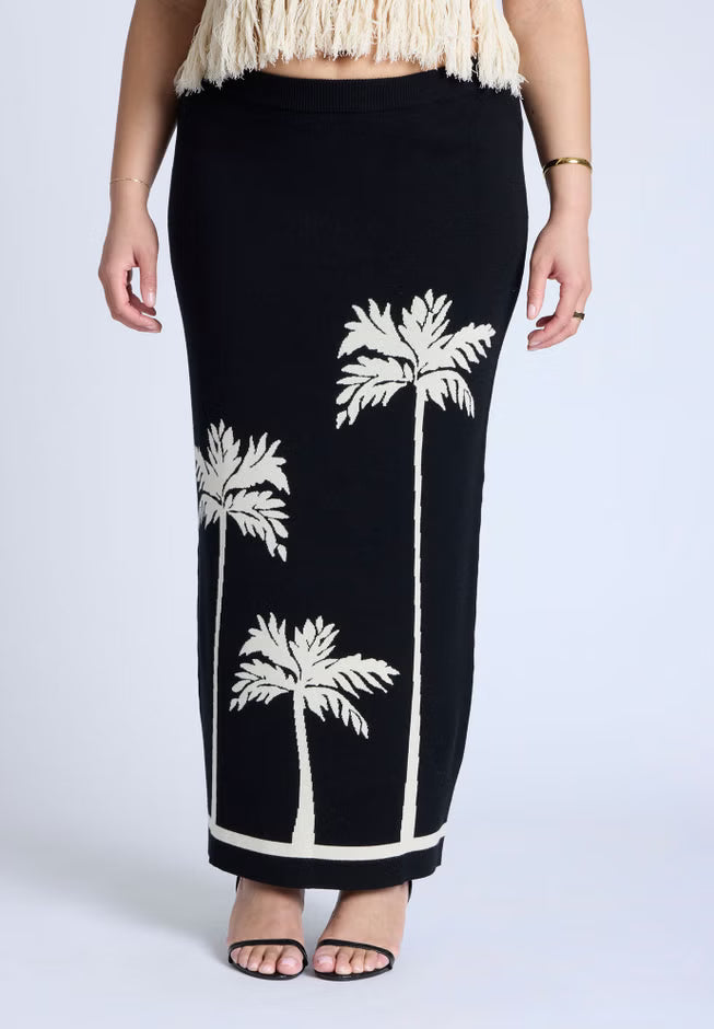ELOQUII Intarsia Column Skirt - Black White Palm Print