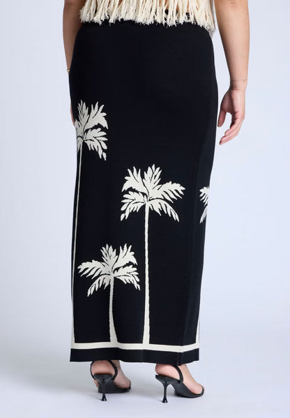 ELOQUII Intarsia Column Skirt - Black White Palm Print