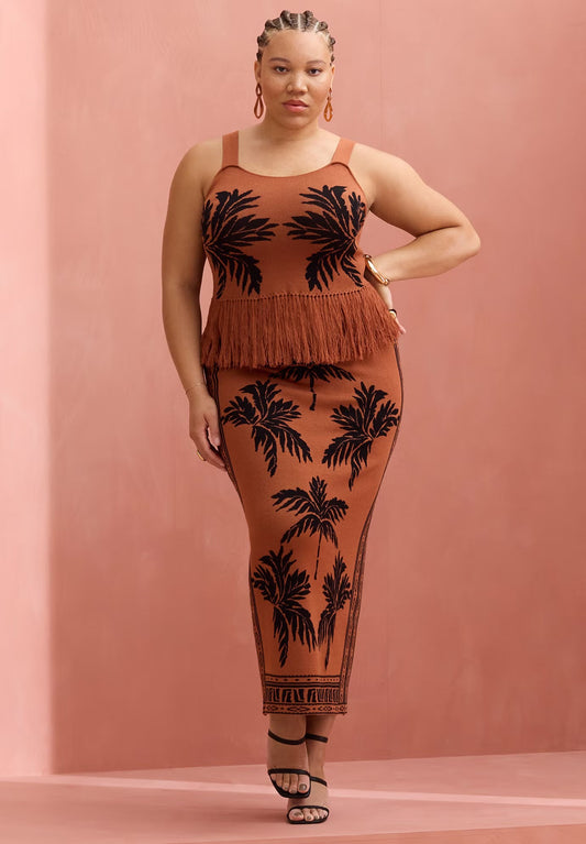ELOQUII Intarsia Column Skirt - Palm Print