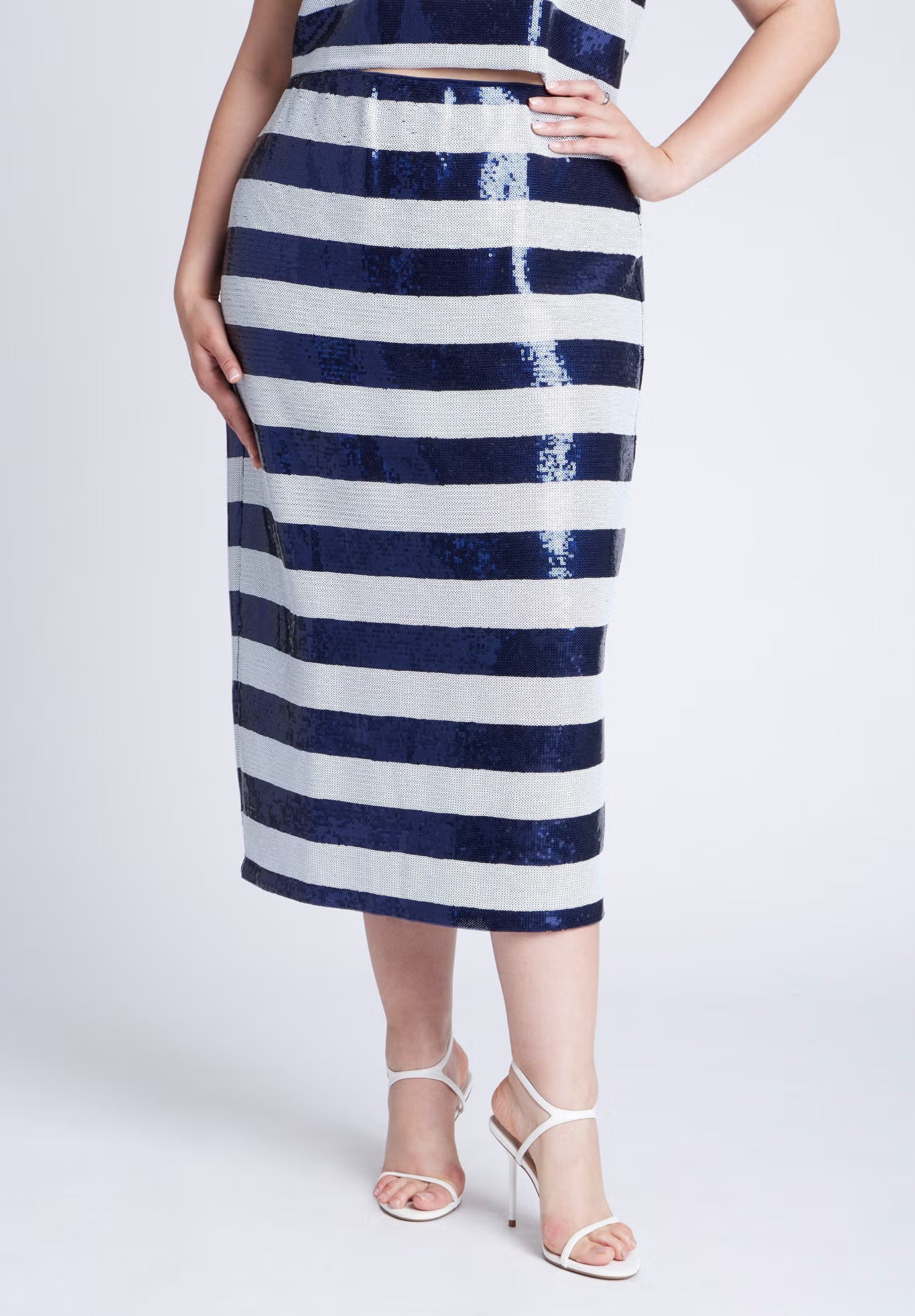 ELOQUII Sequin Striped Midi Skirt - Navy And White Stripe