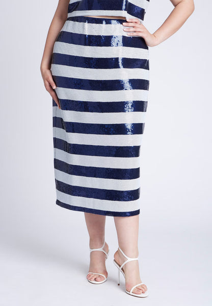 ELOQUII Sequin Striped Midi Skirt - Navy And White Stripe