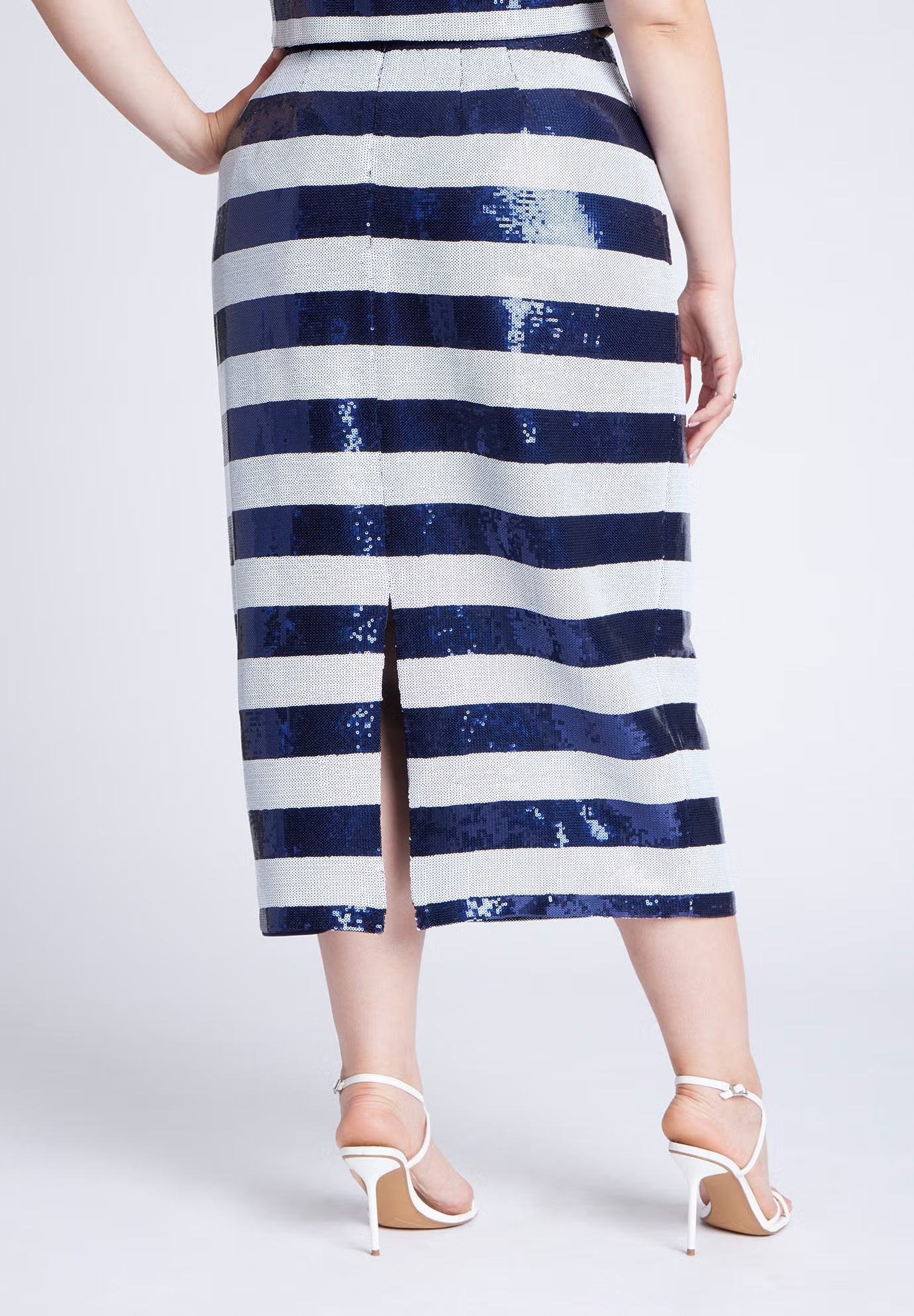 ELOQUII Sequin Striped Midi Skirt - Navy And White Stripe