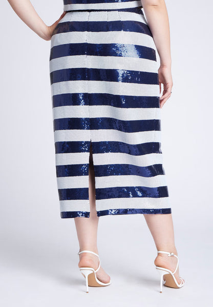 ELOQUII Sequin Striped Midi Skirt - Navy And White Stripe