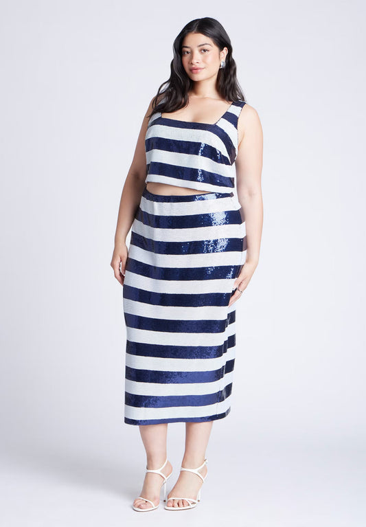 ELOQUII Sequin Striped Midi Skirt - Navy And White Stripe