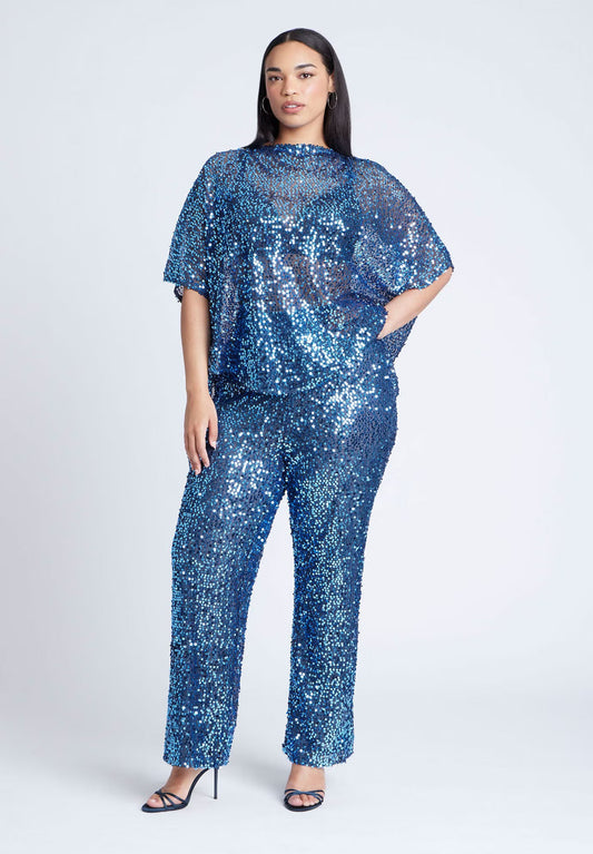ELOQUII Sequin Open Mesh Straight Leg Pant - Blue Steel