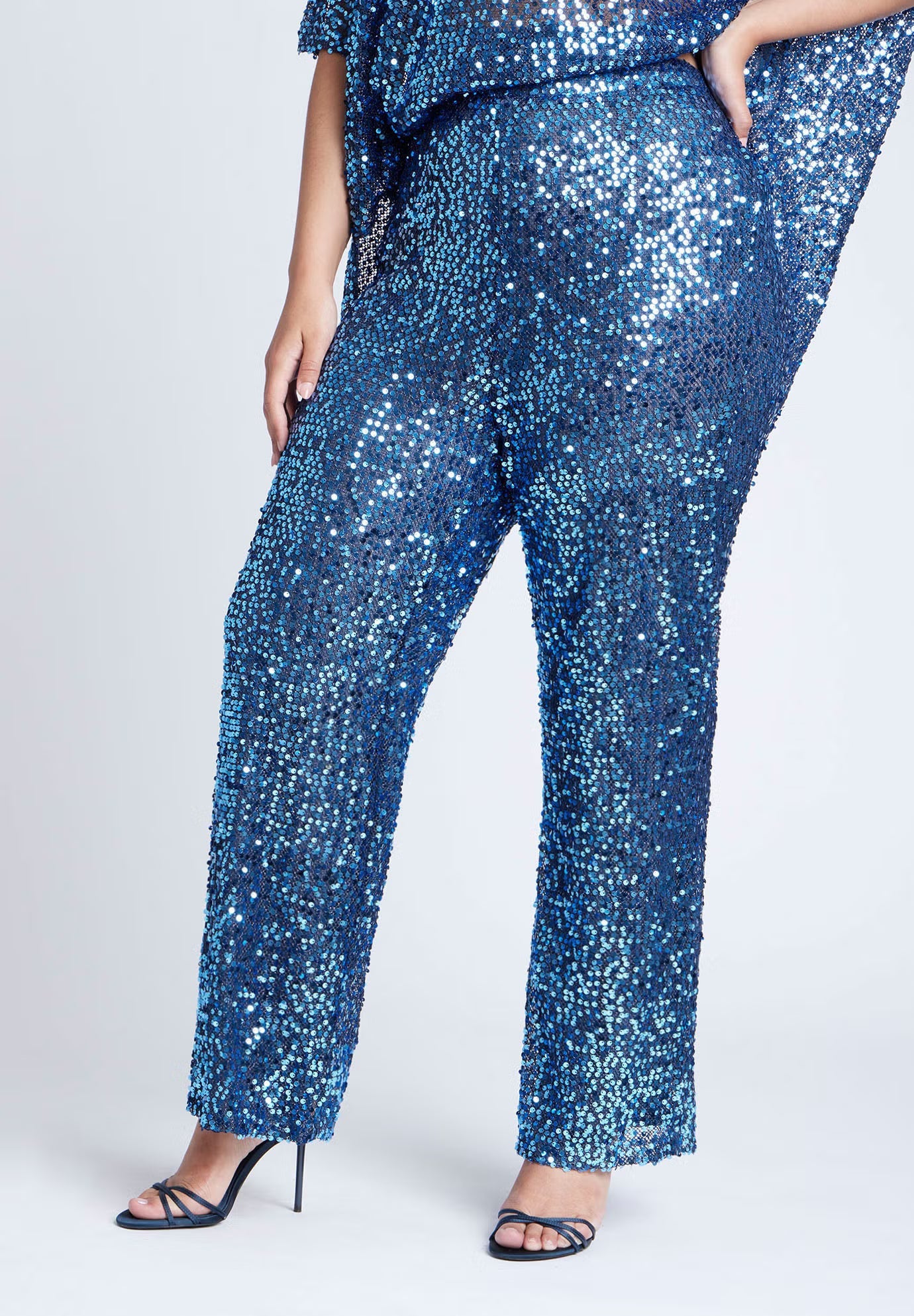 ELOQUII Sequin Open Mesh Straight Leg Pant - Blue Steel