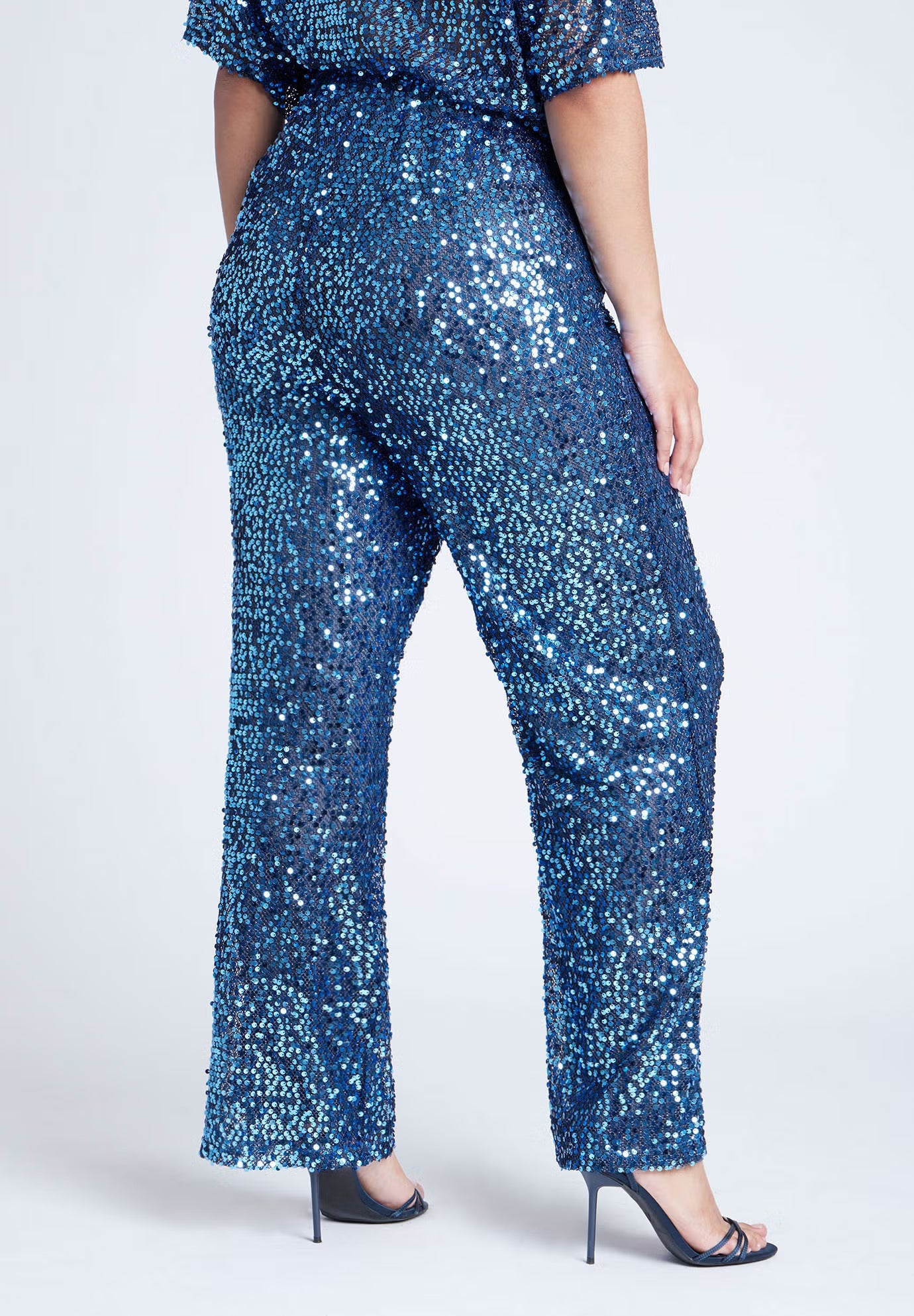 ELOQUII Sequin Open Mesh Straight Leg Pant - Blue Steel