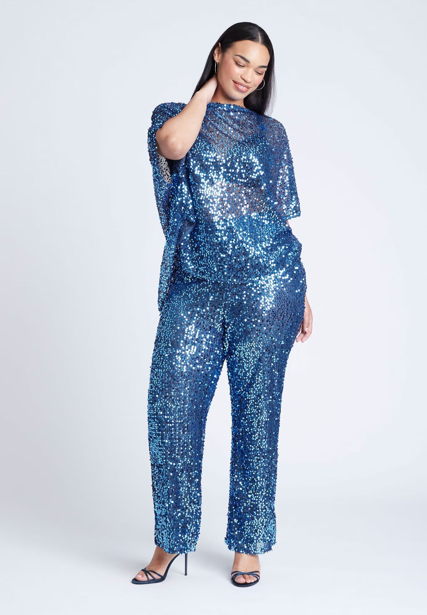 ELOQUII Sequin Open Mesh Straight Leg Pant - Blue Steel