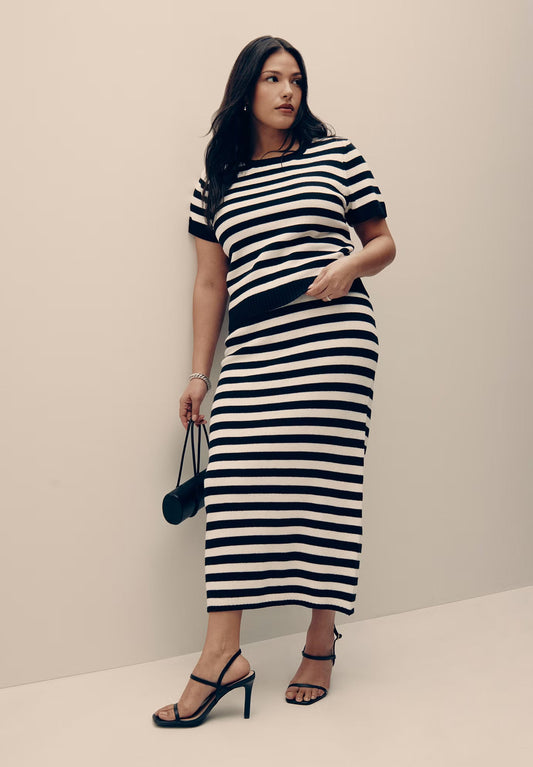 ELOQUII Midi Sweater Skirt - Black White Stripe