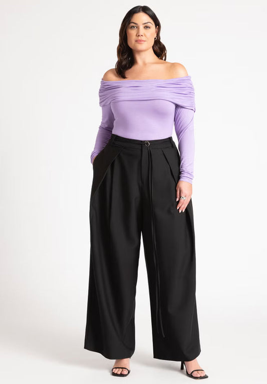 ELOQUII Pleat Detail Trouser With Long Belt - Black Onyx