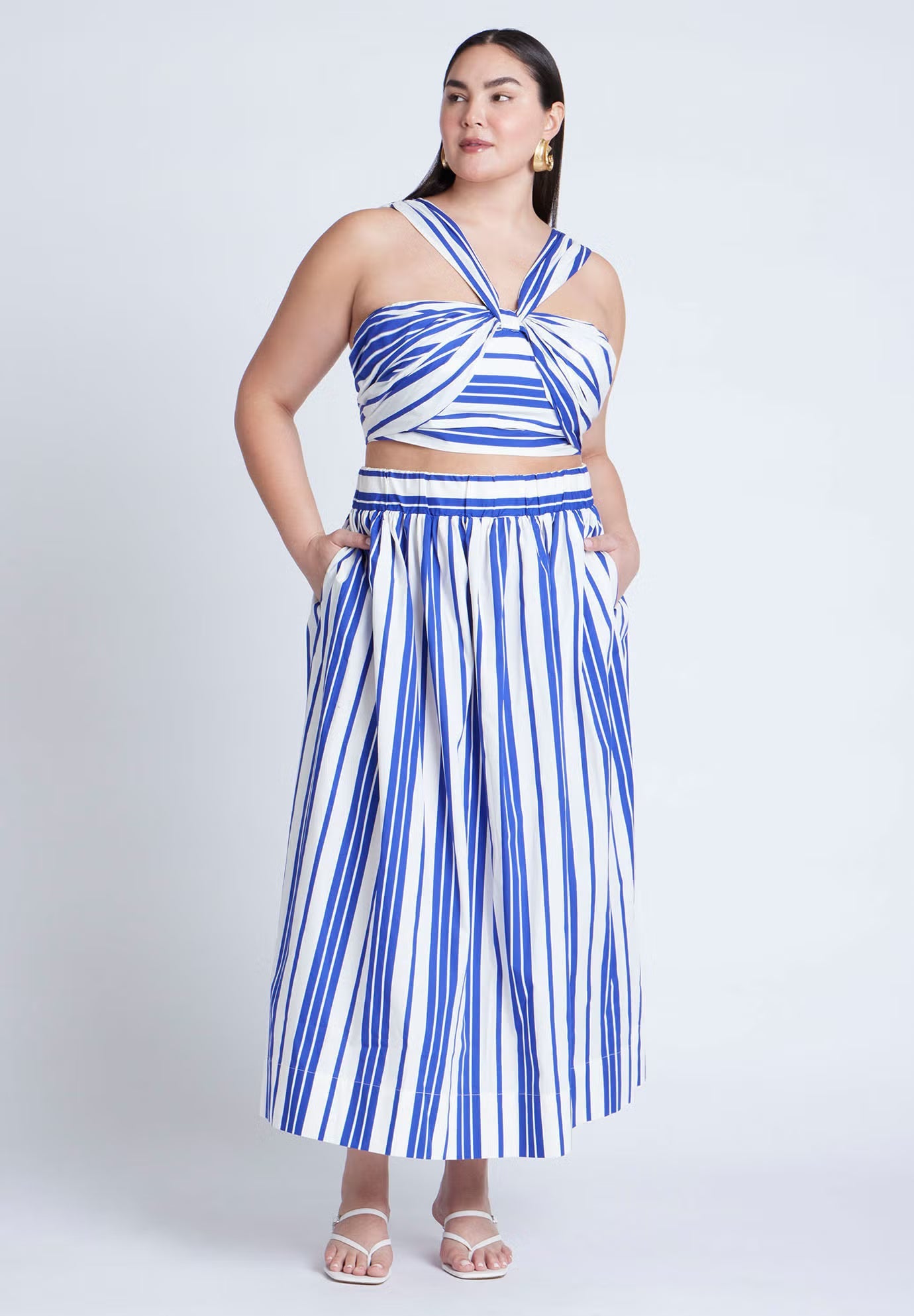 ELOQUII Poplin Maxi Skirt With Side Slits - Riviera Stripe