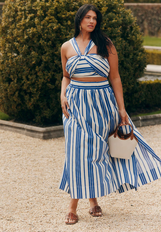 ELOQUII Poplin Maxi Skirt With Side Slits - Riviera Stripe