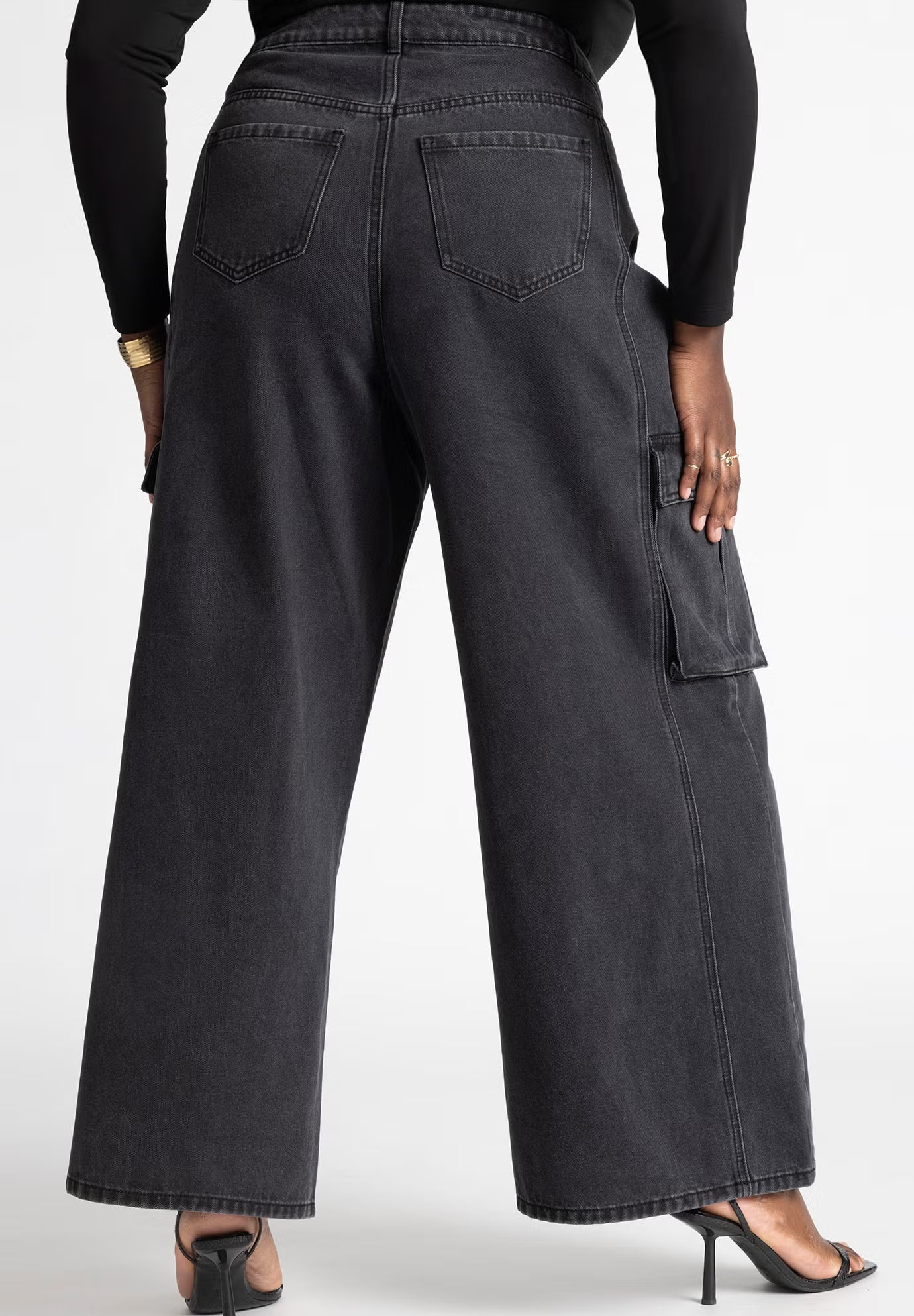 ELOQUII Wide Leg Cargo Jean - Washed Black