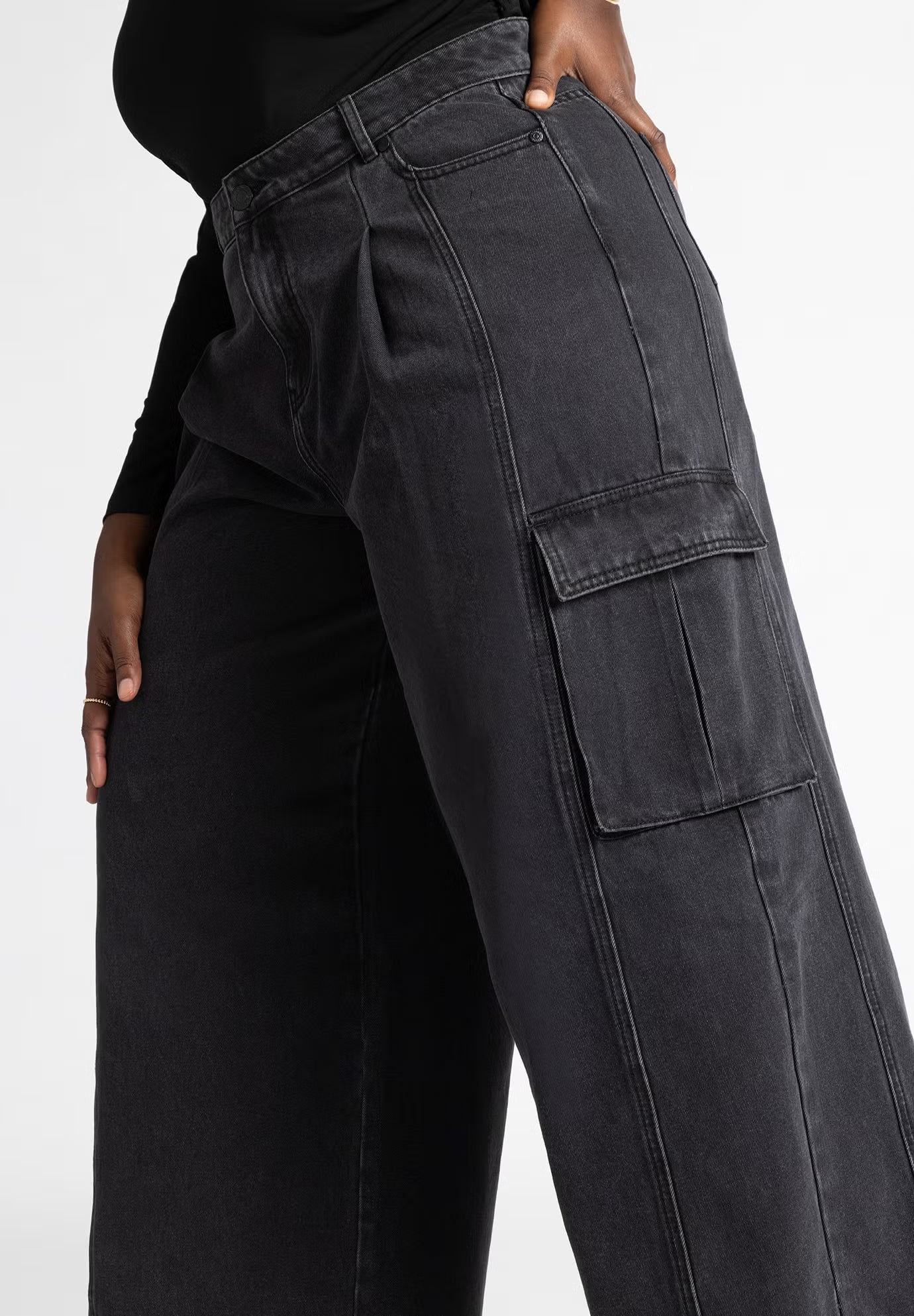 ELOQUII Wide Leg Cargo Jean - Washed Black