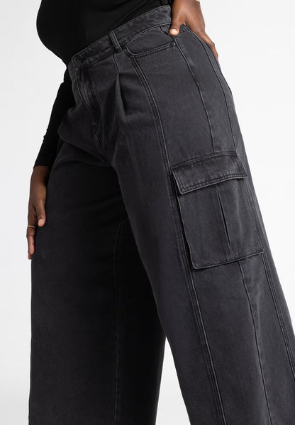 ELOQUII Wide Leg Cargo Jean - Washed Black