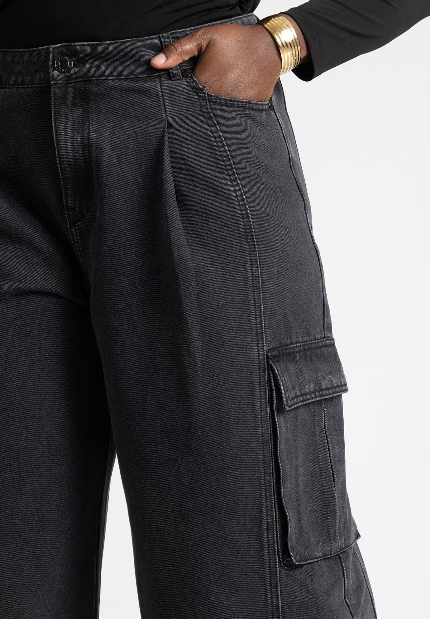 ELOQUII Wide Leg Cargo Jean - Washed Black