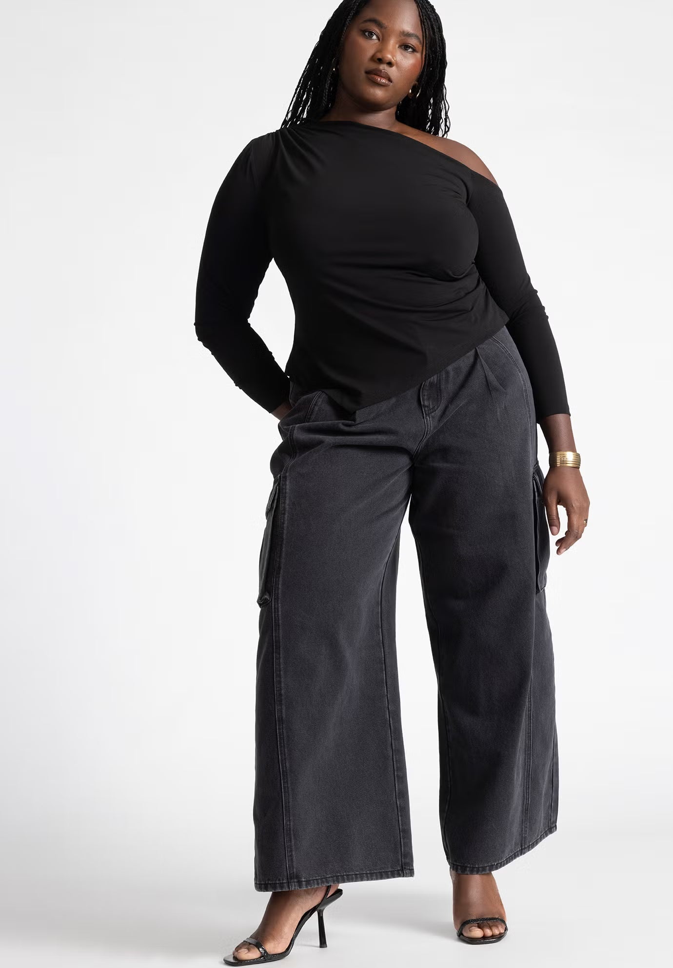 ELOQUII Wide Leg Cargo Jean - Washed Black