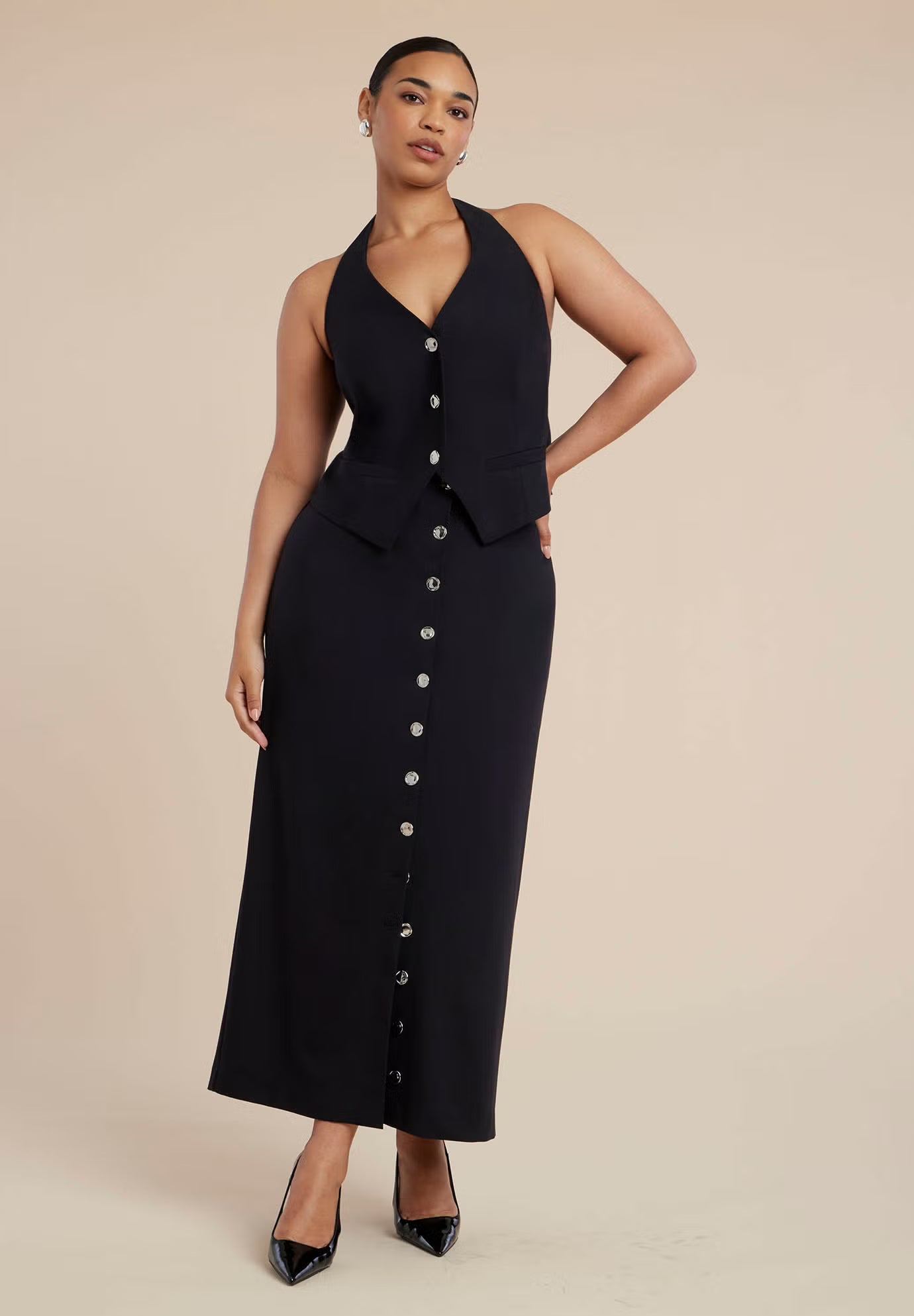 ELOQUII Buttoned Maxi Column Skirt - Black Onyx