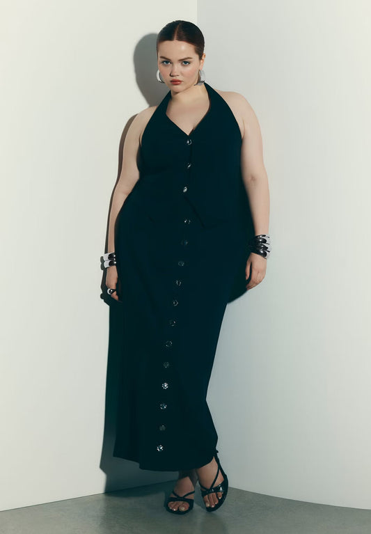 ELOQUII Buttoned Maxi Column Skirt - Black Onyx