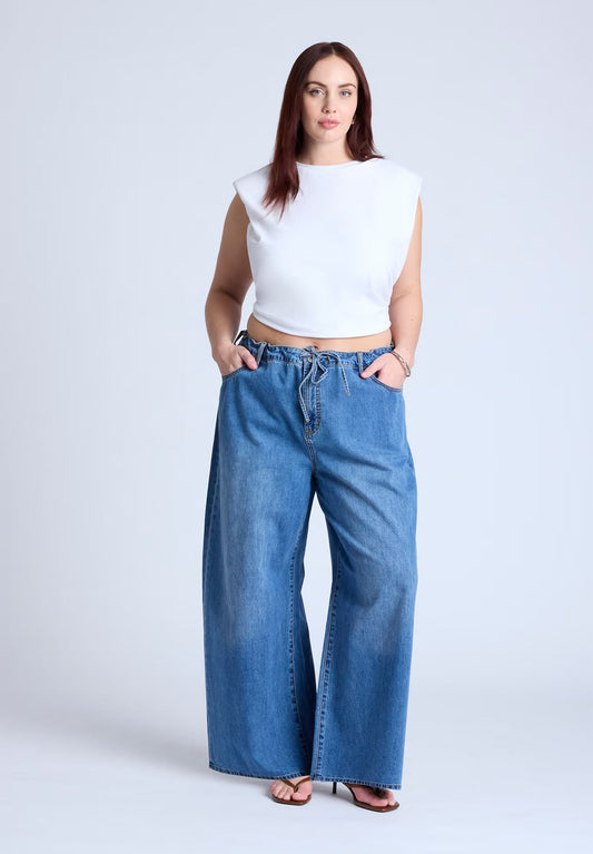 ELOQUII Loose Drawstring Waist Jean - Medium Wash