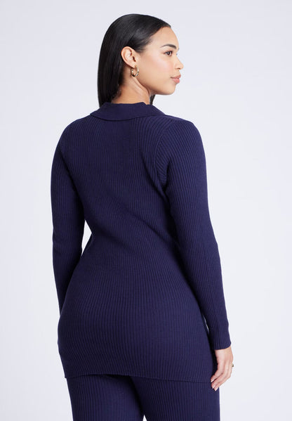 ELOQUII Button Front Long Ribbed Cardigan - Midnight Navy