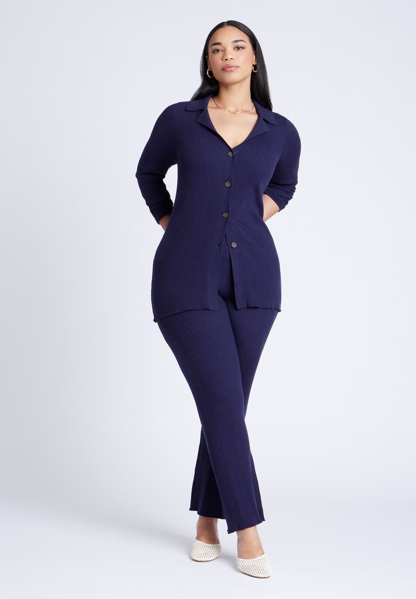 ELOQUII Button Front Long Ribbed Cardigan - Midnight Navy