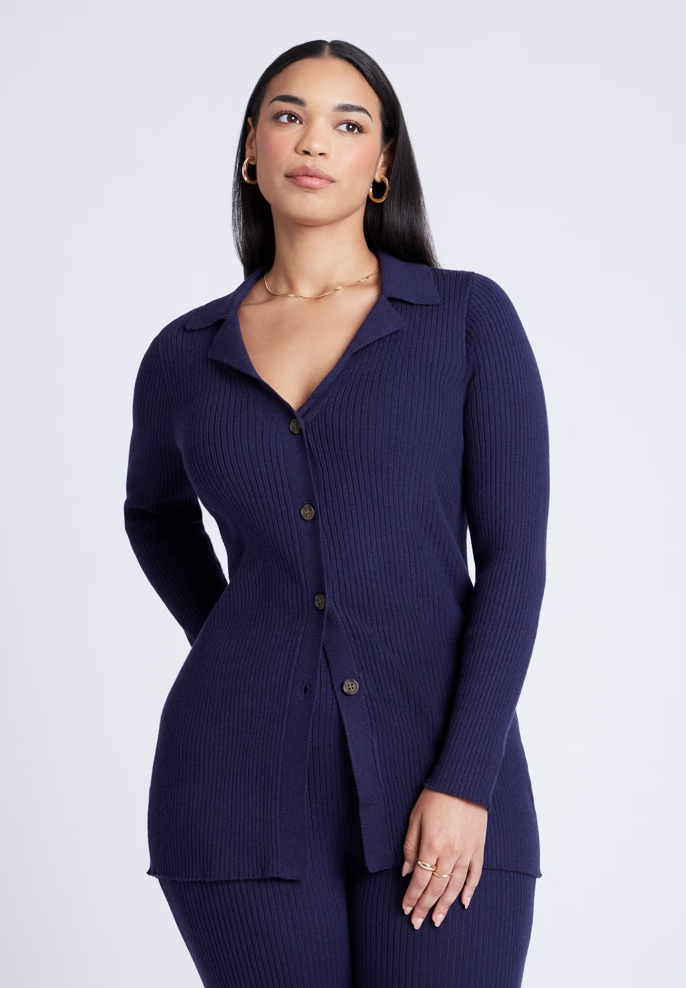 ELOQUII Button Front Long Ribbed Cardigan - Midnight Navy