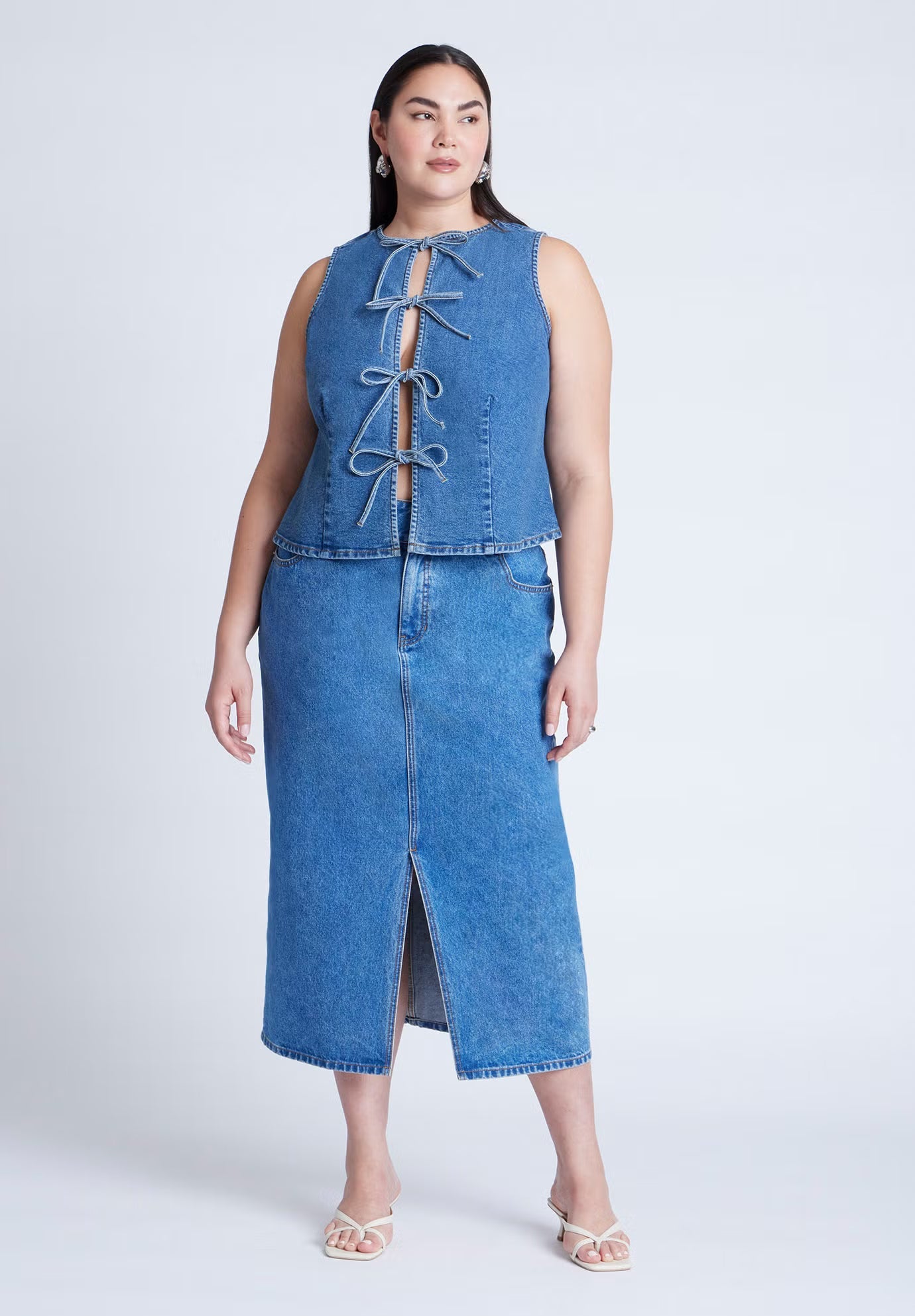 ELOQUII Tie Front Denim Vest - Medium Wash