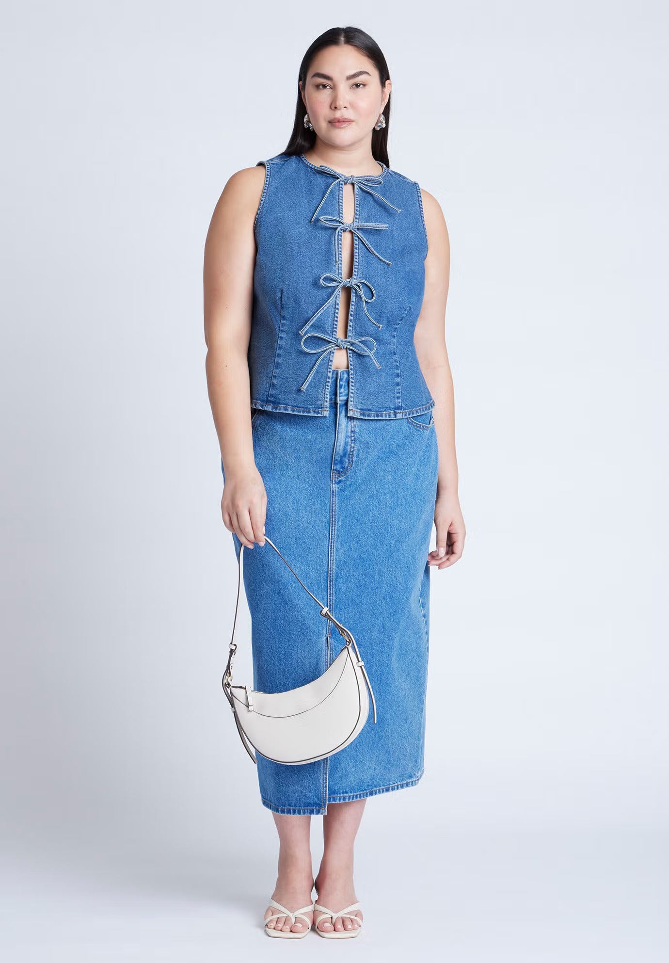 ELOQUII Tie Front Denim Vest - Medium Wash