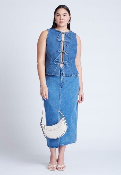 ELOQUII Tie Front Denim Vest - Medium Wash