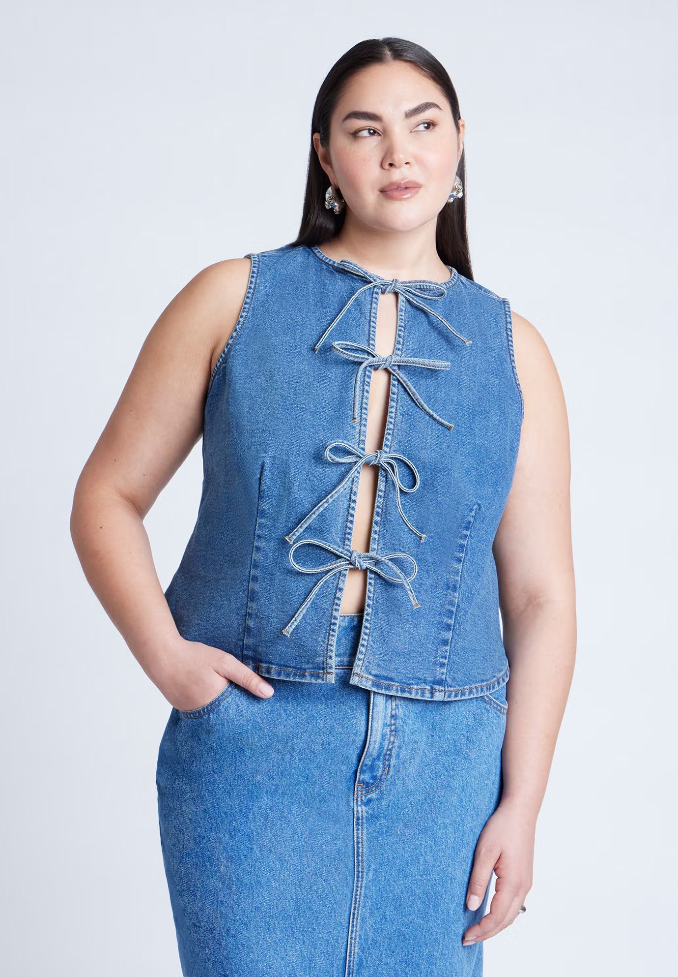 ELOQUII Tie Front Denim Vest - Medium Wash