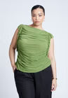 ELOQUII Shirred Mesh Top With Shoulder Flounces