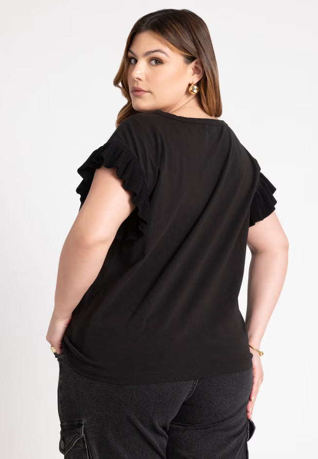 ELOQUII Ruffle Sleeve Tee - Black