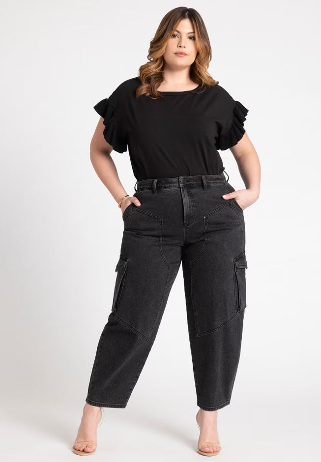 ELOQUII Ruffle Sleeve Tee - Black