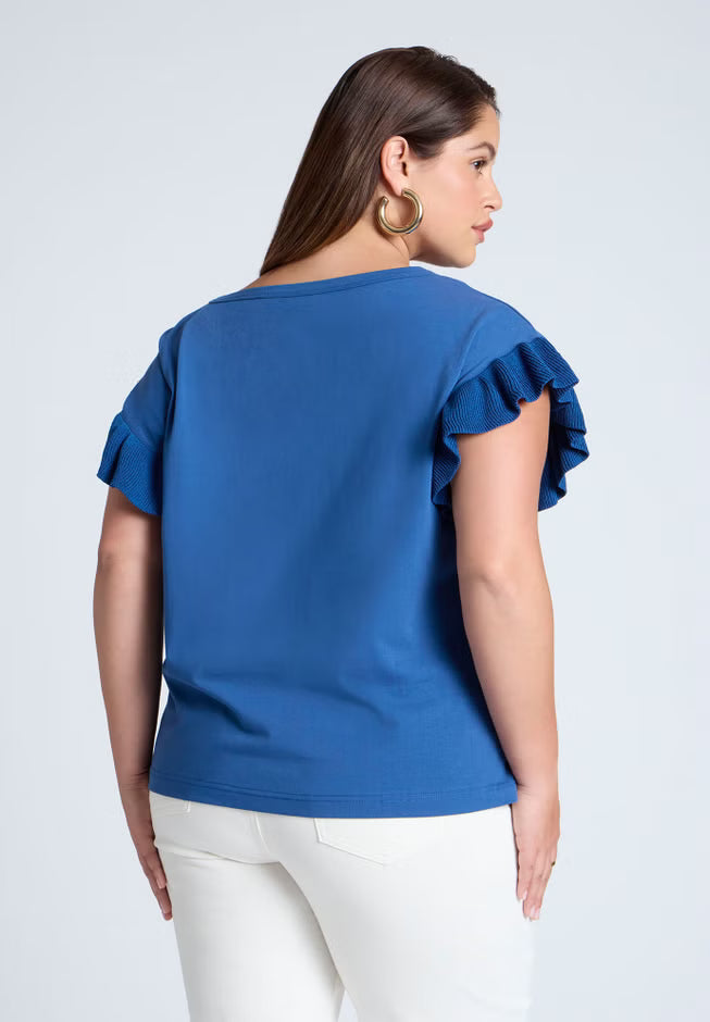 ELOQUII Ruffle Sleeve Tee - Azure Blue