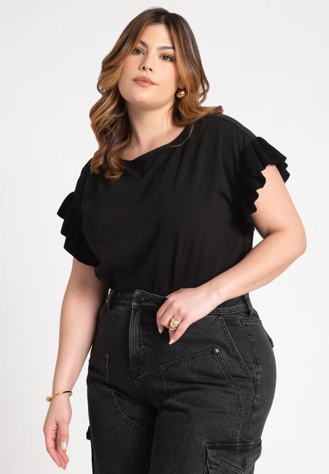 ELOQUII Ruffle Sleeve Tee - Black