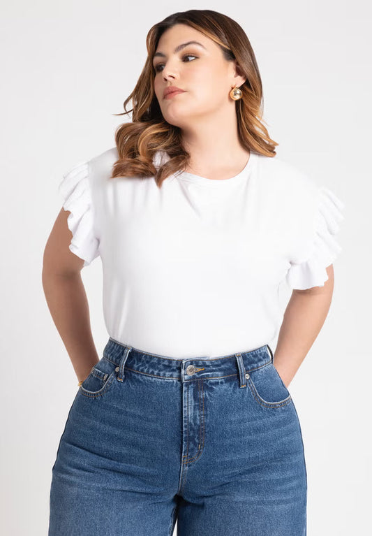 ELOQUII Ruffle Sleeve Tee - White
