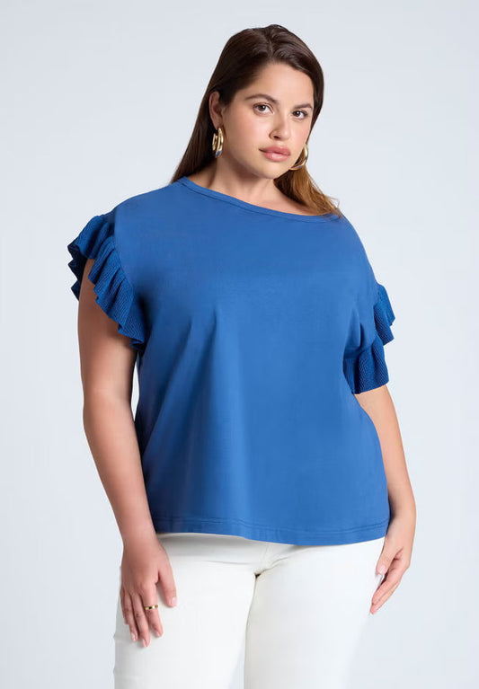 ELOQUII Ruffle Sleeve Tee - Azure Blue