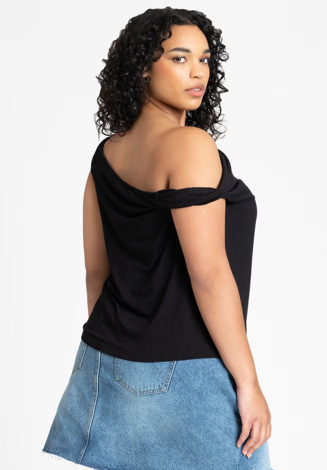 ELOQUII Asym Twist Sleeve Top - Black Onyx