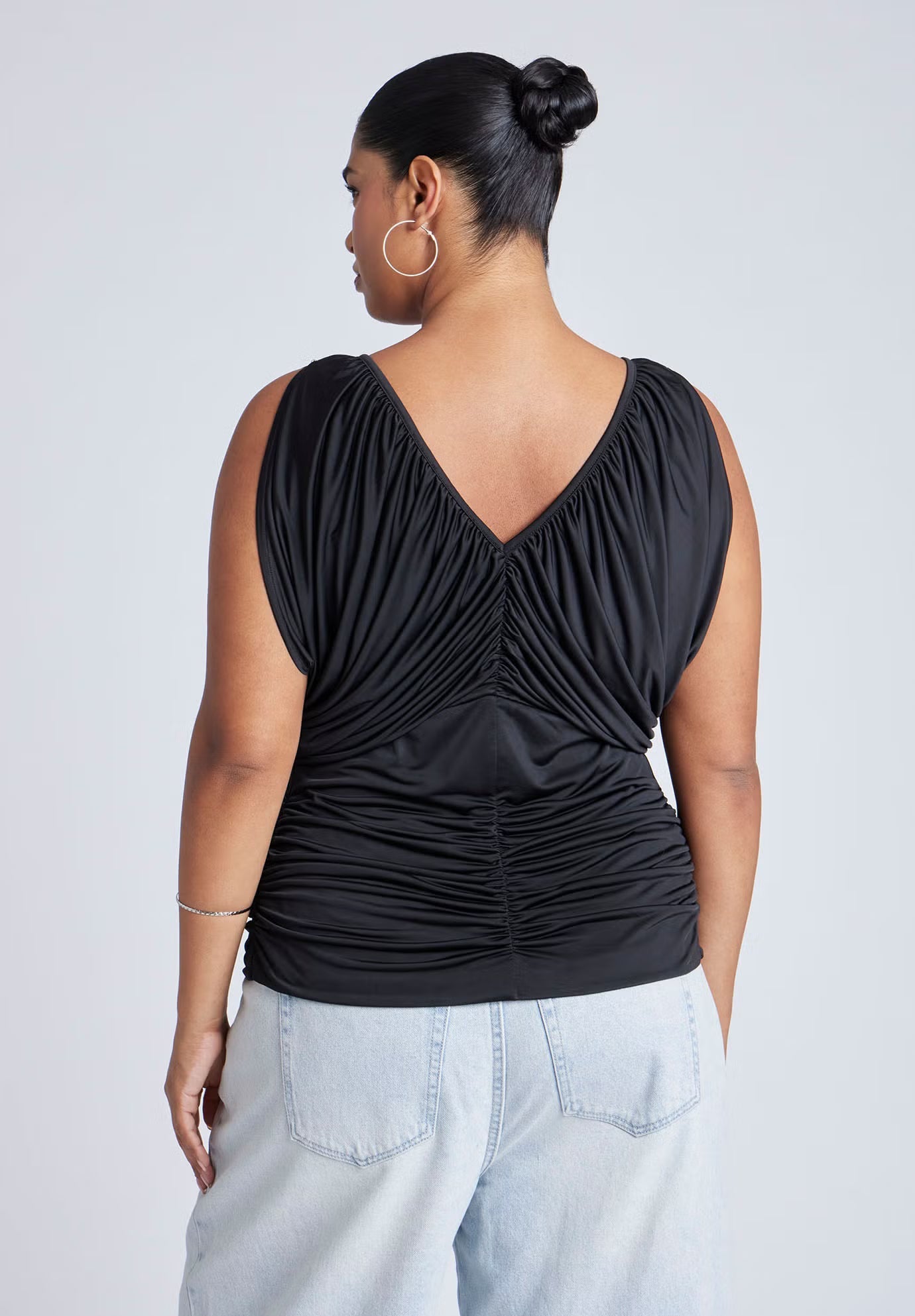 ELOQUII Shirred Bust V-Neck Top - Black Onyx