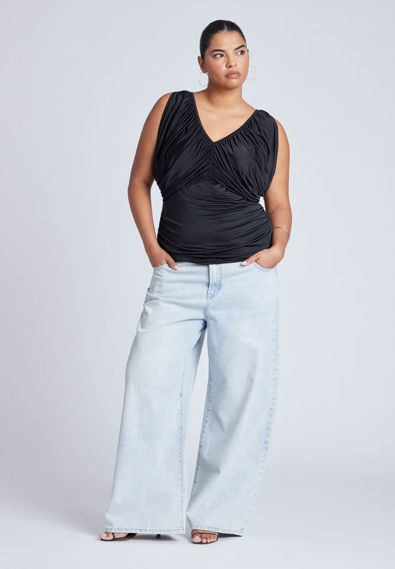ELOQUII Shirred Bust V-Neck Top - Black Onyx