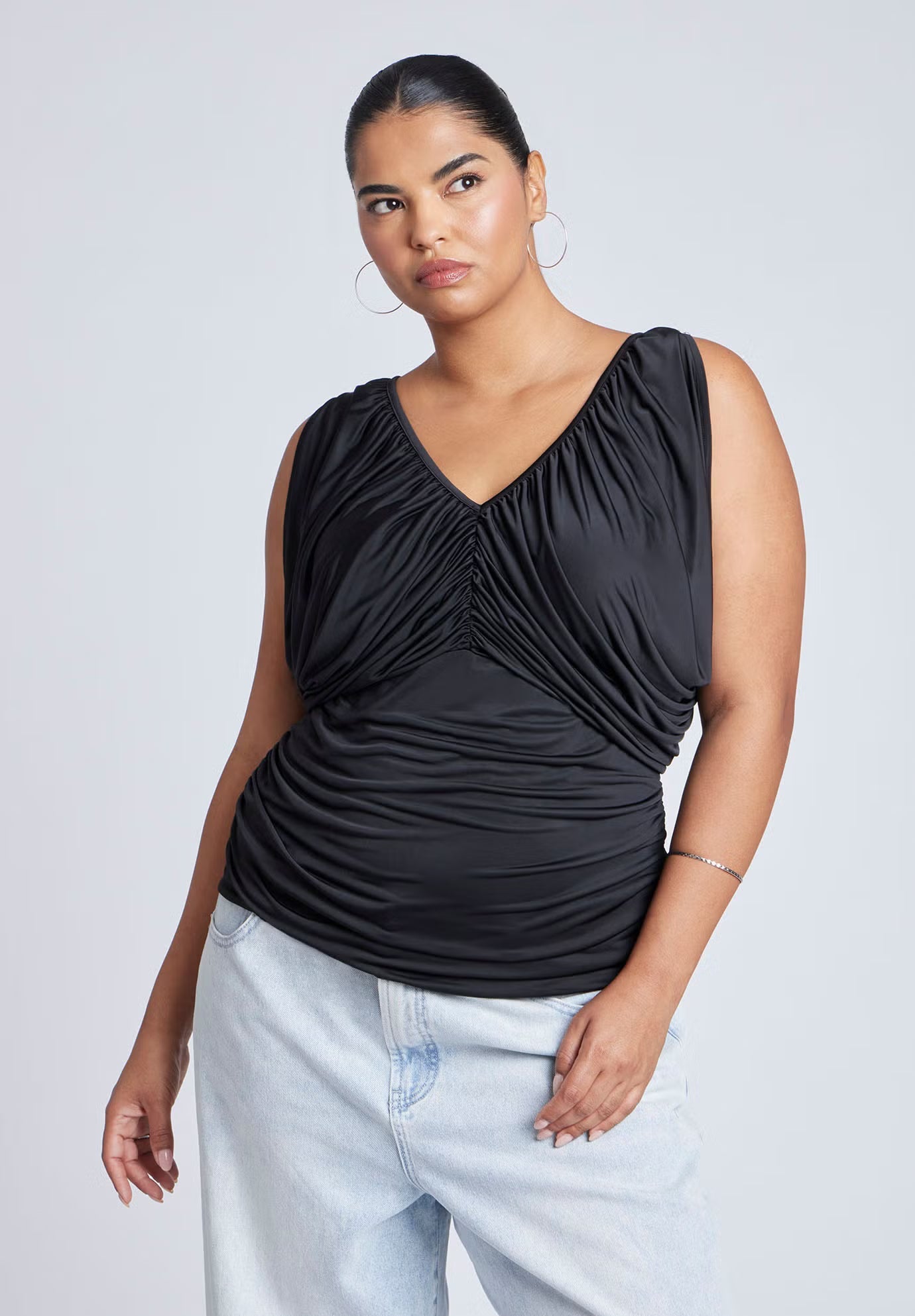 ELOQUII Shirred Bust V-Neck Top - Black Onyx
