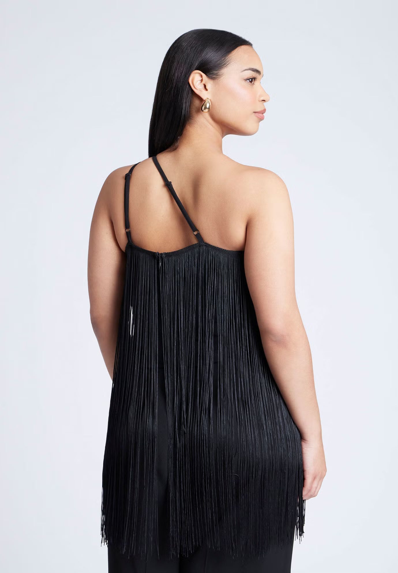 ELOQUII One-Shoulder Fringe Top - Black Onyx