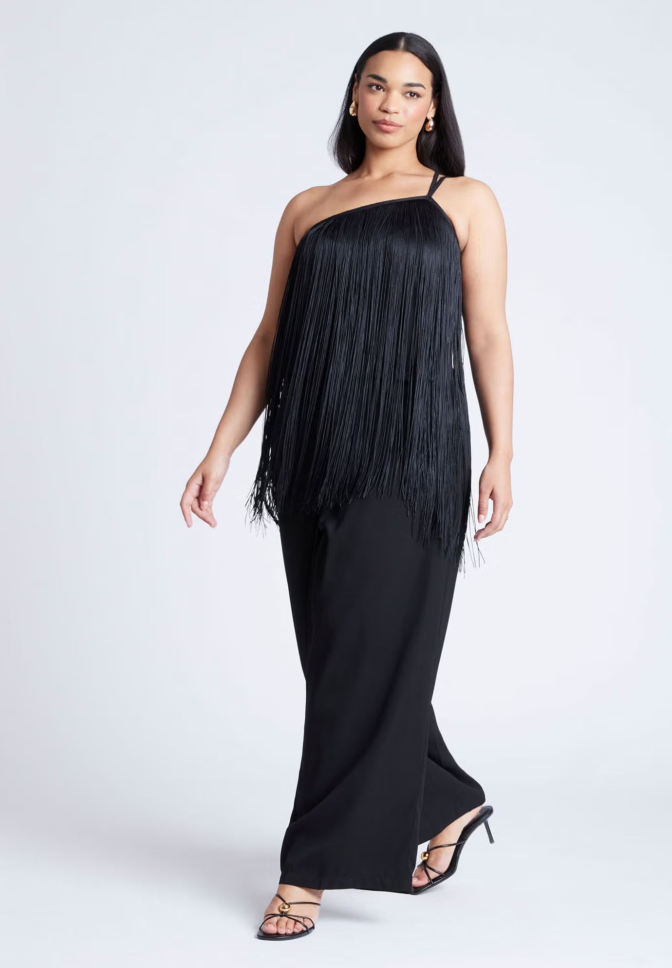 ELOQUII One-Shoulder Fringe Top - Black Onyx