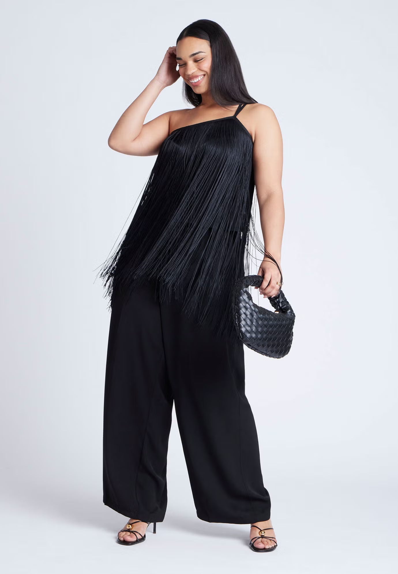 ELOQUII One-Shoulder Fringe Top - Black Onyx