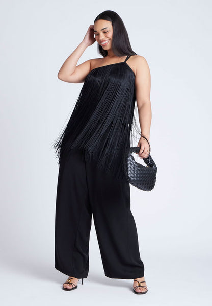 ELOQUII One-Shoulder Fringe Top - Black Onyx