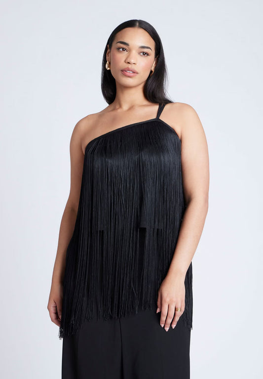 ELOQUII One-Shoulder Fringe Top - Black Onyx