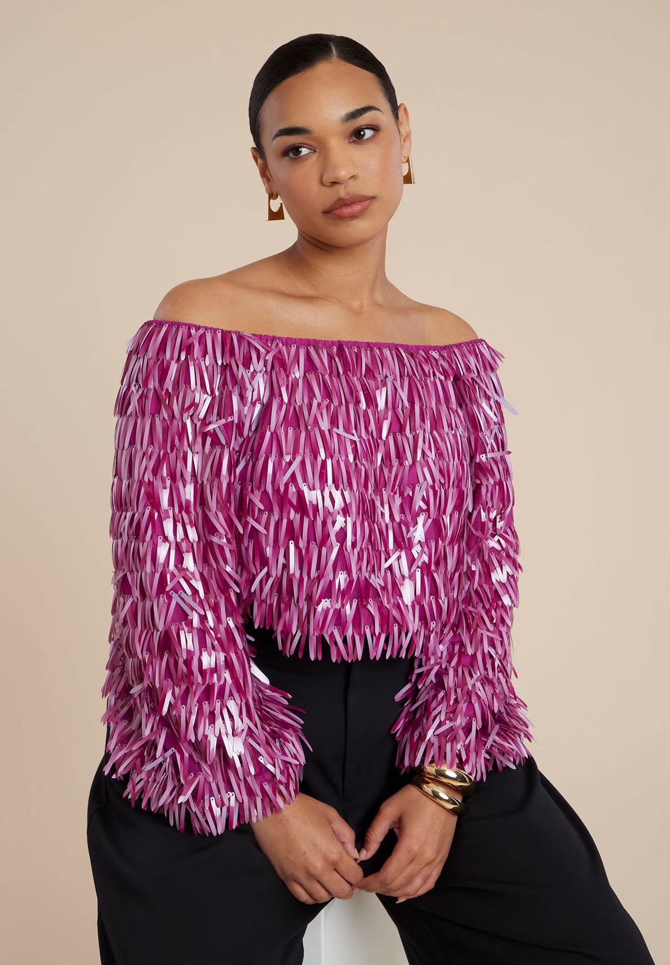 ELOQUII Fringe Sequin Off The Shoulder Top - Festival Fuschia