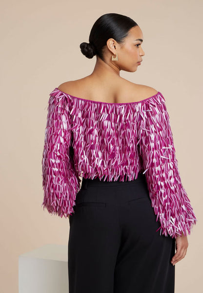 ELOQUII Fringe Sequin Off The Shoulder Top - Festival Fuschia